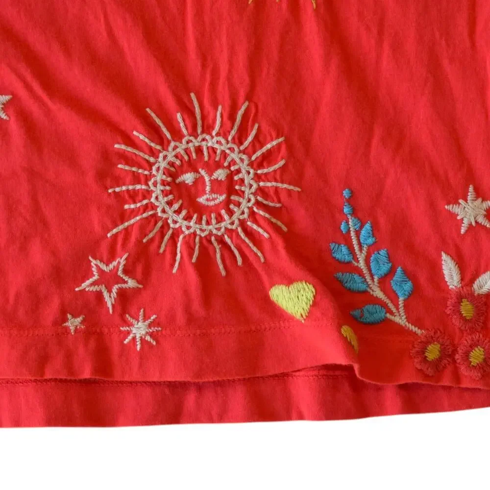 Johnny Was Maris Red Embroidered Puff Sleeve Cotton Knit Boho Tee Shirt XS